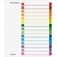 Cardinal OneStep Index System - 15 x Divider(s) - Printed Tab(s) - Digit - 1-15 - 15 Tab(s)/Set - 9" Divider Width x 11" Divider Length - Letter - 8.50" Width x 11" Length - 3 Hole Punched - White Paper Divider - Multicolor Mylar Tab(s) - 15 / Set