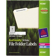 Avery File Folder Label - 21/32" Width x 3 7/16" Length - Permanent Adhesive - Rectangle - Laser, Inkjet - White - Paper - 30 / Sheet - 50 Total Sheets - 1500 Total Label(s) - 1500 / Box