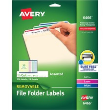 Avery Removable Laser/Inkjet Filing Labels - 21/32" Width x 3 7/16" Length - Removable Adhesive - Rectangle - Laser, Inkjet - Blue, Green, Red, White, Yellow - Paper - 30 / Sheet - 25 Total Sheets - 750 Total Label(s) - 750 / Pack