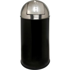Genuine Joe Push Open Round Top Receptacle - 12 gal Capacity - Round - 29.2" Height x 14.8" Diameter - Black, Silver - 1 Each