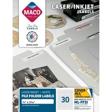 Maco Assorted Laser/Inkjet File Folder Labels - 43/64" x 3 7/16" Length - Permanent Adhesive - Inkjet, Inkjet - White - 30 / Sheet - 1500 / Box