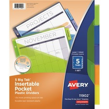 Avery Big Tab Insertable Pocket Dividers - 5 x Divider(s) - 5 - 5 Tab(s)/Set - 9.3" Divider Width x 11.13" Divider Length - 3 Hole Punched - Translucent Plastic, Multicolor Divider - Multicolor Plastic Tab(s)