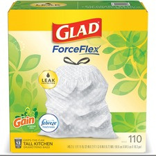 Glad ForceFlex Tall Kitchen Drawstring Trash Bags - Gain Original with Febreze Freshness - 13 gal - 25.38 ft Width x 33.75 ft Length x 0.72 mil (18 Micron) Thickness - White - 110/Box - Home, Office, Kitchen, Breakroom