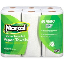Marcal 100% Recycled Giant Roll Paper Towels - 2 Ply - 140 Sheets/Roll - White - Perforated, Dye-free, Fragrance-free, Strong, Lint-free, Absorbent - 6 Rolls Per Pack - 1 Pack