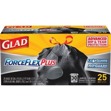 Glad Large Drawstring Trash Bags - ForceFlexPlus - Large Size - 30 gal - Black - 6/Carton - 25 Per Box - Home, Office, Can