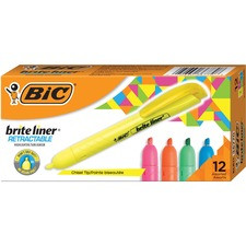 BIC Brite Liner Retractable Highlighters - Chisel Marker Point Style - Retractable - Yellow, Pink, Blue, Green, Orange - 12 / Pack