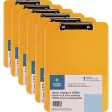 Business Source Flat Clip Plastic Clipboard - 9" x 12" - Low-profile - Plastic - Neon Orange - 6 / Bundle