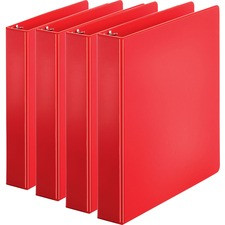 Business Source Basic Round Ring Binders - 1 1/2" Binder Capacity - Letter - 8 1/2" x 11" Sheet Size - 350 Sheet Capacity - 3 x Round Ring Fastener(s) - Internal Pocket(s) - Chipboard, Polypropylene - Red - Exposed Rivet, Sturdy - 4 / Bundle