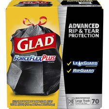 Glad Large Drawstring Trash Bags - ForceFlexPlus - 30 gal - 30" Width x 32" Length x 1.05 mil (27 Micron) Thickness - Black - 70/Carton - Office Waste