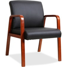 Lorell Guest Chair - Black Bonded Leather Seat - Black Bonded Leather Back - Cherry Solid Wood Frame - Four-legged Base - Armrest - 1 Each
