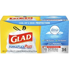Glad ForceFlexPlus Tall Kitchen Drawstring Trash Bags - Fresh Clean with Febreze Freshness - 13 gal - 24.02" Width x 24.88" Length - Gray - Ply - 34/Box - Kitchen