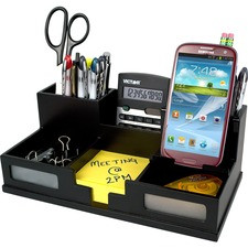 Victor 9525-5 Midnight Black Desk Organizer with Smart Phone Holder - 6 Compartment(s) - 4.0" Height x 5.5" Width x 10.4" Depth - Black - Frosted Glass, Wood, Rubber - 1Each