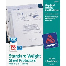 Avery Standard Weight Sheet Protectors - Sheet Capacity - For Letter 8 1/2" x 11" Sheet - Ring Binder - Top Loading - Clear - Polypropylene - 100 / Box