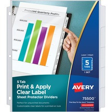 Avery Index Maker Index Divider - 5 x Divider(s) - 5 - 5 Tab(s)/Set - 8.5" Divider Width x 11" Divider Length - 3 Hole Punched - Clear Plastic Divider - Clear Plastic Tab(s) - 1