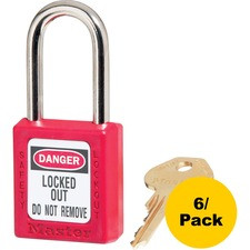 Master Danger Red Safety Padlock - Keyed Different - 0.25" Shackle Diameter - Red - 6 / Pack