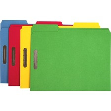 Business Source 1/3 Tab Cut Letter Recycled Fastener Folder - 8 1/2" x 11" - 3/4" Expansion - 2 Fastener(s) - 2" Fastener Capacity - Top Tab Location - Assorted Position Tab Position - Stock - Yellow, Blue, Green, Red - 10% Recycled - 50 / Box