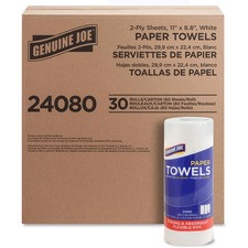 Genuine Joe Paper Towels - 2 Ply - 11" x 4.40" - 160 Sheets/Roll - White - Flexible, Perforated, Absorbent, Soft - For Kitchen, Multipurpose - 30 / Carton