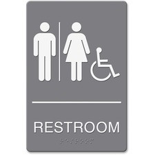 HeadLine Restroom/Wheelchair Image Indoor Sign - 1 Each - Restroom (Man/Woman/Wheelchair) Print/Message - 6" Width x 9" Height - Rectangular Shape - Plastic - Gray, White