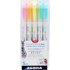 Zebra Pen Mildliner Brush Double-ended Highlighter Fluorescent Pack - Fine Marker Point - Brush Marker Point Style - Fluorescent Pink Pigment-based, Fluorescent Orange, Fluorescent Yellow, Fluorescent Blue, Fluorescent Green Ink - 5 / Pack