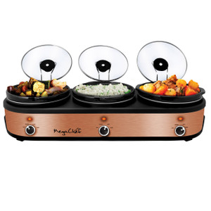 MegaChef Triple 2.5 Quart Slow Cooker and Buffet Server in Brushed Copper and Black Finish with 3 C D970-MC-1210 MegaChef Triple 2.5 Quart Slow Cooker and Buffet Server in Brushed Copper and Black Finish with 3 C D970-MC-1210