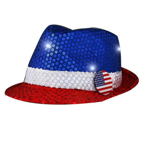 USA Flashing Fedora Hat with Red White and Blue Sequins A706-3995470