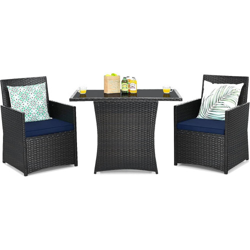 3-Piece Patio Furniture Outdoor Dining Set Brown PE Rattan Navy Blue Cushions Q280-BLMBTPDS198974721