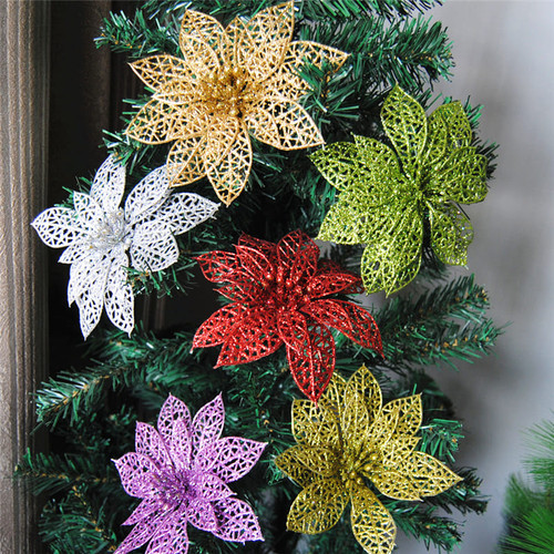 10Pcs Christmas Glitter Hollow Flower Decoration Flowers for Christmas Trees New Year Decorations C122-1218824