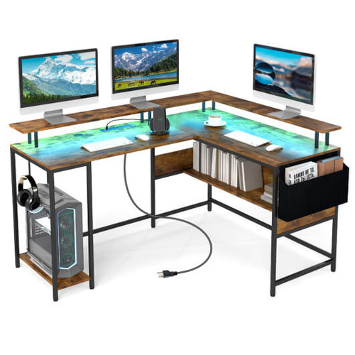 L-Shaped Gaming Desk with LED Lights and Power Outlets Home Office Computer Desk-Rustic Brown - Col D681-CB10595US-CF