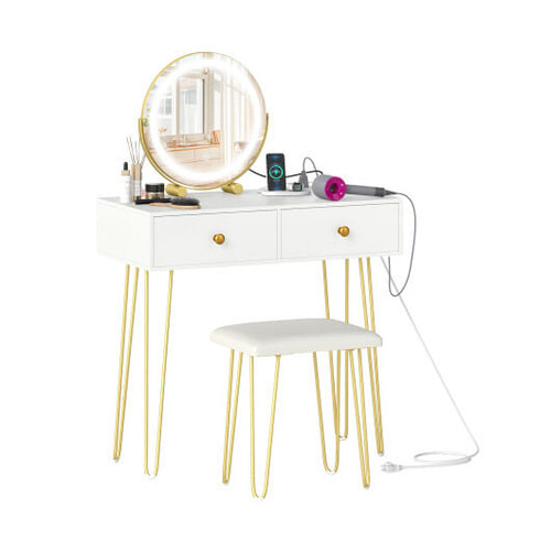 Vanity Desk with with Lighted Adjustable Mirror for Bedroom-White - Color: White D681-HU11206US-WH