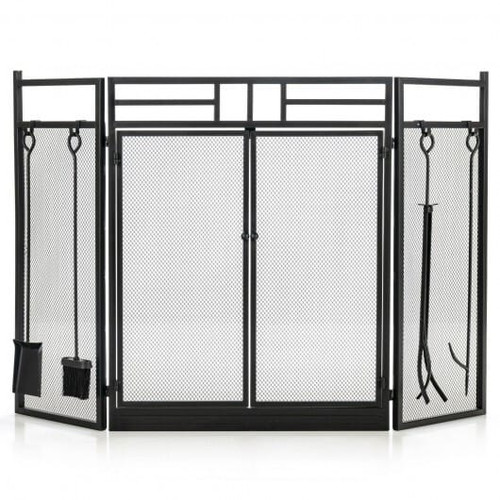 3-Panel Folding Wrought Iron Fireplace Screen with Doors and 4 Pieces Tools Set-Black - Color: Black D681-JV10064BK