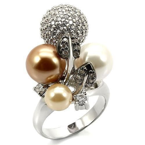 0W296 - Rhodium + Ruthenium Brass Ring with Synthetic Pearl in Multi Color A874-0W296