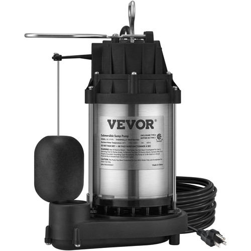 Sump Pump, 1/2 HP 3960 GPH, Submersible Stainless Steel Water Pump, 1-1/2" NPT Discharge With 33 ft E415-WSBBX05HP110V2M4TV1