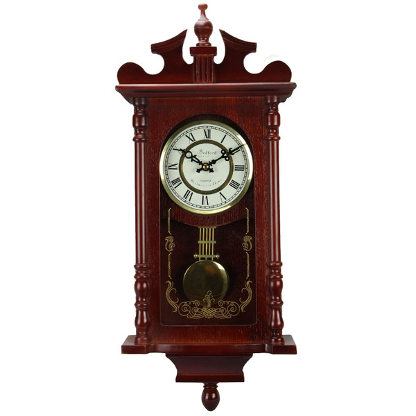 Bedford Collection 25 Inch Wall Clock with Pendulum and Chime in Dark Redwood Oak Finish D970-BED1424RW