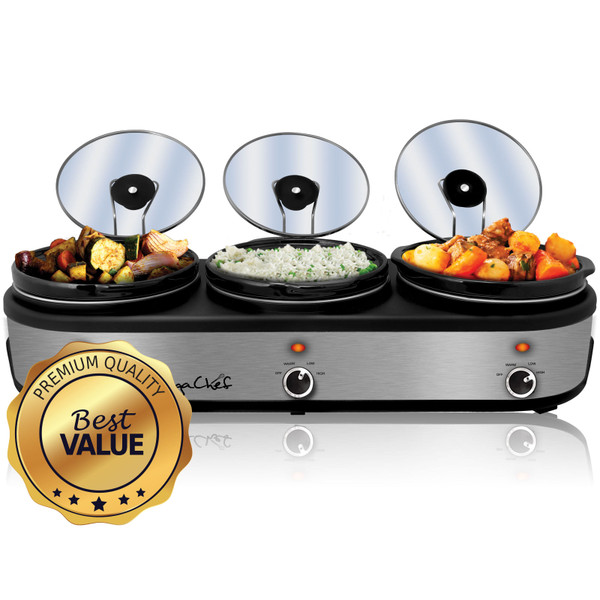 MegaChef Triple 2.5 Quart Slow Cooker and Buffet Server in Brushed Silver and Black Finish with 3 C D970-MC-1203