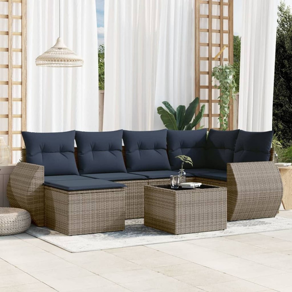  7 Piece Garden Sofa Set with Cushions Grey Poly Rattan A949-3221670