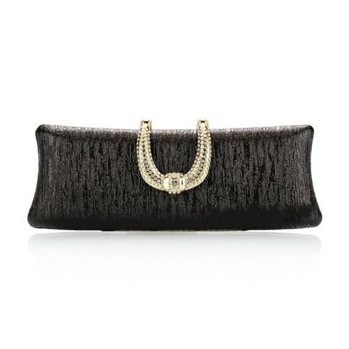 Bark Texture with Rhinestone Inlaid Handle Design Fashion Evening Handbag - Black A392-fhbg0088