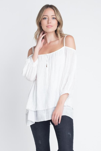 Women's 3/4 Sleeve Cold Shoulder Buttoned Top T396-MM319714-WHT-S