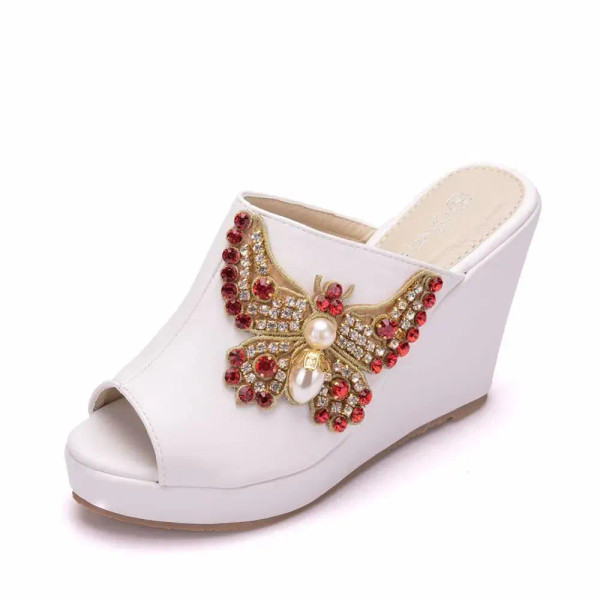 Color: WHITE, Shoe Size: 38 - Crystal Queen 10cm Peep Toe Platform Wedges Slippers High Heels Beach F640-12000028612982168