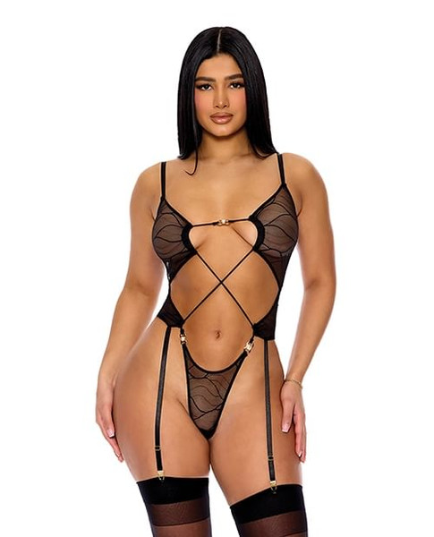 Pull My Strings Sheer Mesh Teddy w/Garters & Faux Pearl Details - Black SM X615-FRPL774500-BK-S0