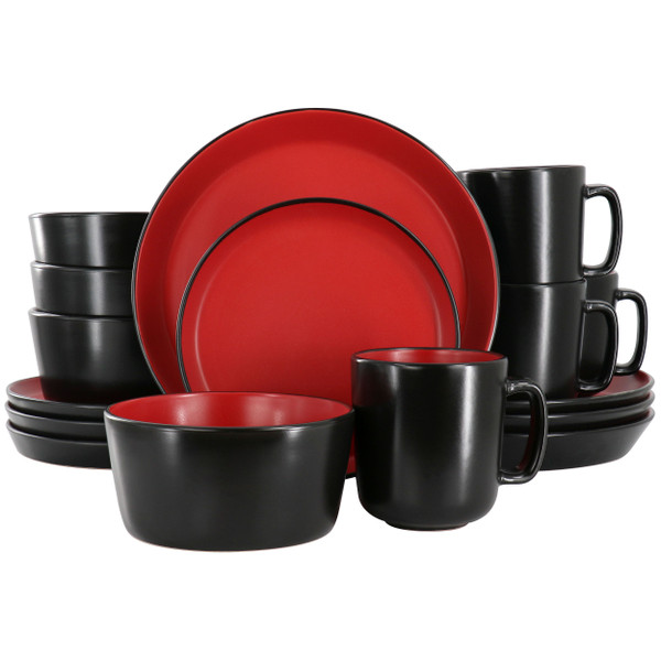 Elama Bacarra 16 Piece Stoneware Dinnerware Set in Two Tone Black and Red D970-ELM-BACARRA-R