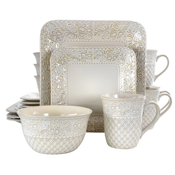 Elama Ivory Lotus 16 Piece Square Dinnerware Set D970-EL-IVORYLOTUS