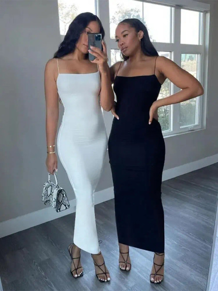 Color: WHITE, Size: M - Hawthaw Women Sexy Party Club Evening Streetwear Bodycon Black Long Dress 2 F640-12000038177441558
