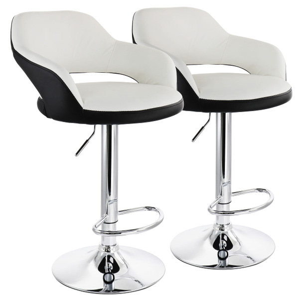 Elama 2 Piece Adjustable Faux Leather Bar Stool in White with Black Trim and Chrome Base D970-ELM-705-WHT-BLK