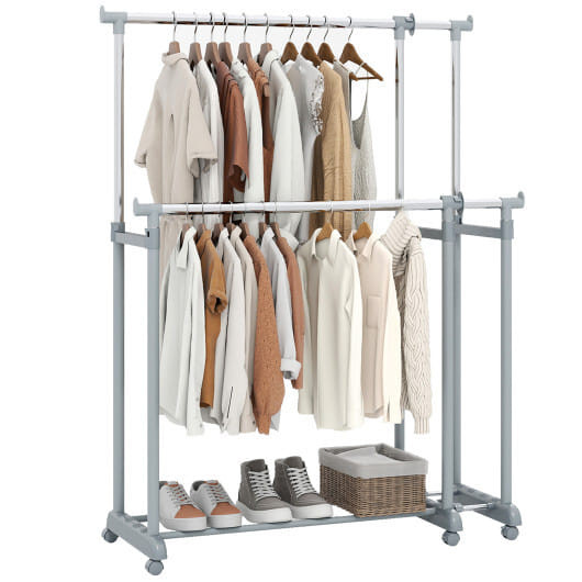 Double Rod Clothes Rack Heavy-Duty Metal Garment Rack - Color: Silver D681-JZ10337