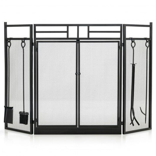 3-Panel Folding Wrought Iron Fireplace Screen with Doors and 4 Pieces Tools Set-Black - Color: Black D681-JV10064BK