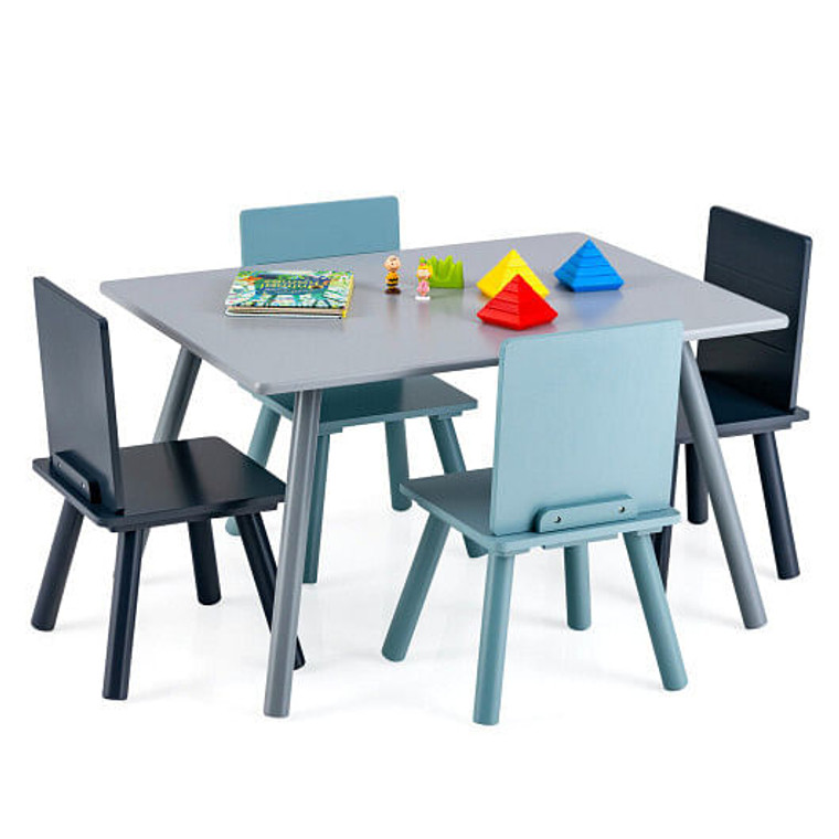 5 Pieces Kids Wooden Activity Play Furniture Set with Building Blocks-Blue - Color: Blue D681-HY10034BL