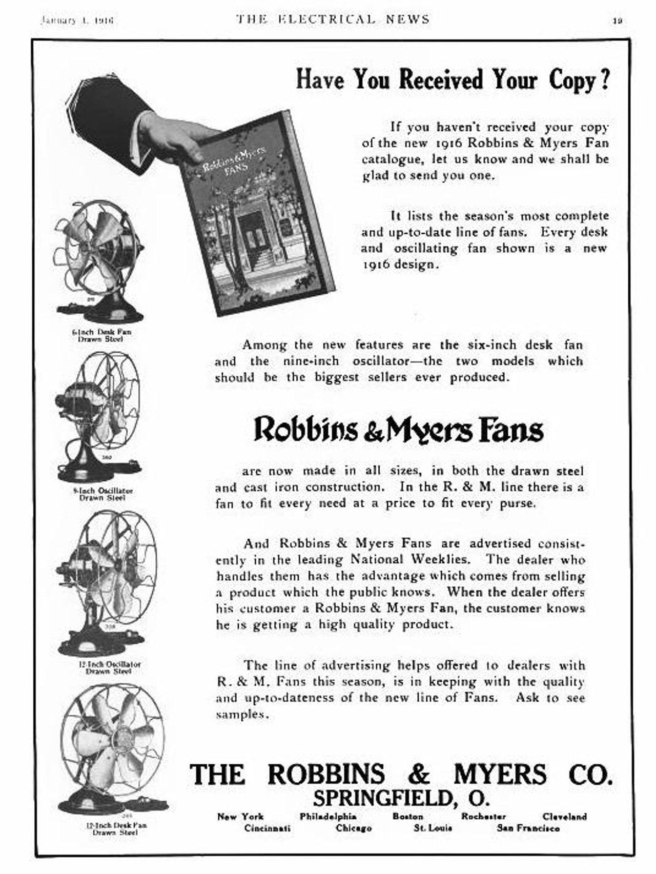 Circa 1914 12" Robbins & Myers R&M 6 Blade Stationary Desk Fan Brass