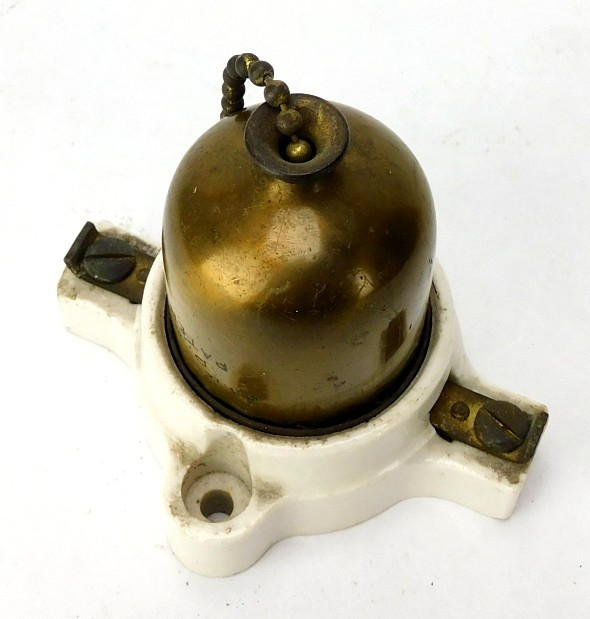 Antique P&S Surface Mount Pull Chain Switch Brass Porcelain Antique