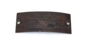 Original Brass Western Electric Motor Tag Serial No. 823623 Style
