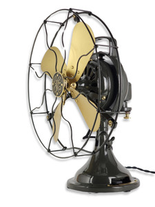 Circa 1919 12" GE 2 Star Brass Painted Blade and Steel Wrapped Guard Oscillating Desk Fan Restored